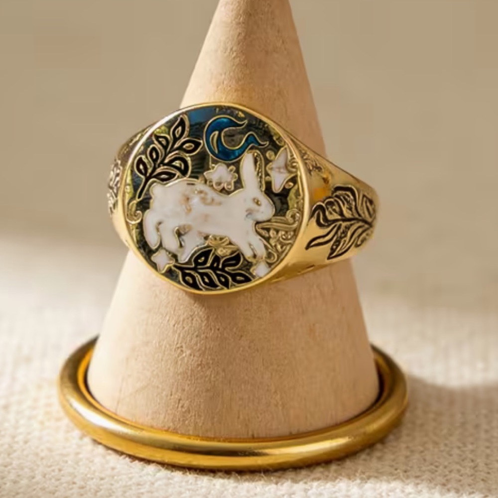 Soon NEW 9/12 Boho Gold-Tone Rabbit Enamel Signet Ring in Blue and White